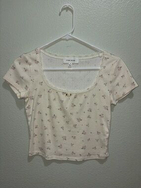 Pink Rose Cream Crop Top with Pink Floral Print